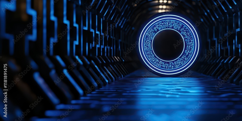 Poster futuristic tunnel with glowing circular patterns and blue lighting effects.