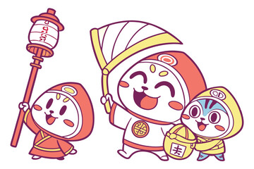 Cartoon Japanese deities, colorful chibi gods, cute Shinto kami, playful mythological characters, whimsical divine beings, kawaii spiritual figures, traditional Japanese folklore, adorable cultural ic
