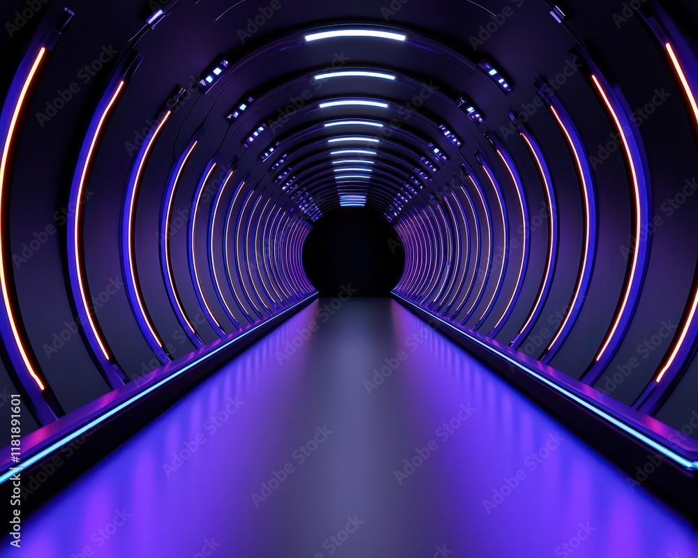 Poster futuristic tunnel with glowing neon lights and a darkened exit, creating a sense of mystery.