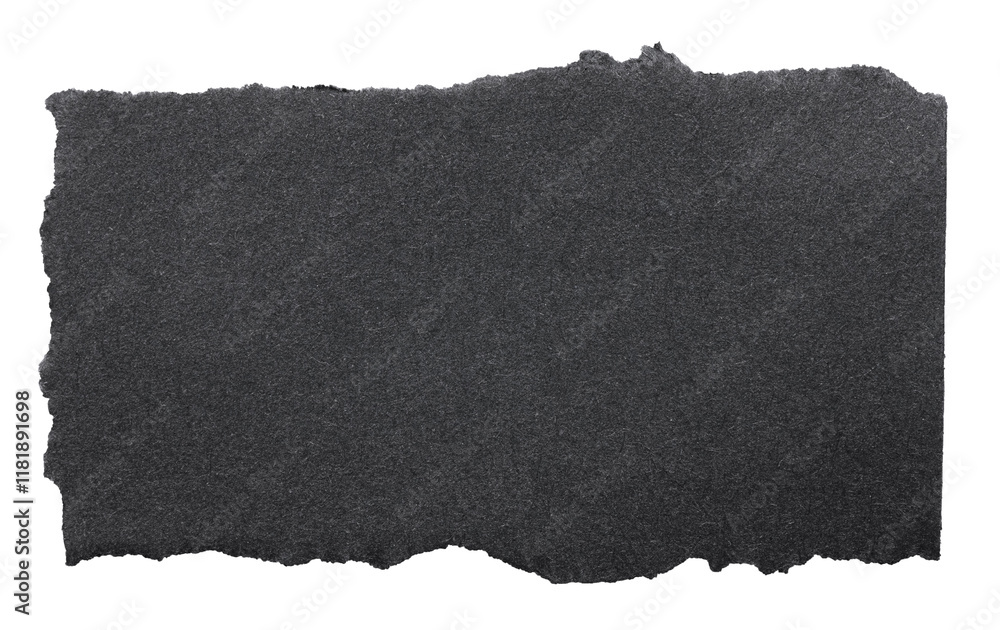 Poster isolated cut out torn piece of blank black paper note cardboard with texture and copy space for text