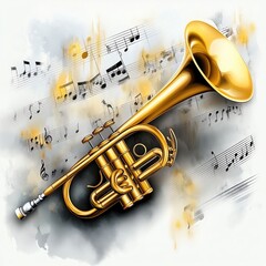 A vibrant trumpet surrounded by musical notes.
