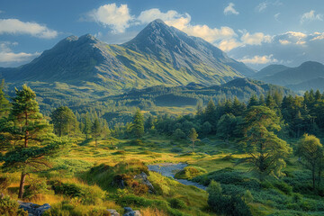 Fototapeta premium picturesque mountainous area with green forests and meadows in the foreground. 