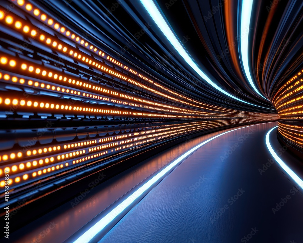 Poster futuristic tunnel with vibrant lights, creating a dynamic motion effect.