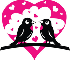 vector illustration of two lovebirds perched on a branch, with a heart-shaped background