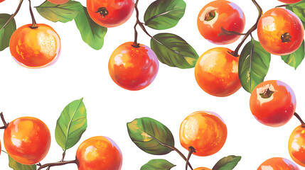 Obraz premium A vibrant pattern featuring oranges and green leaves on a white background.