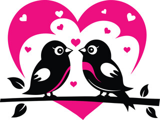 vector illustration of two lovebirds perched on a branch, with a heart-shaped background