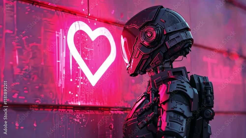 Poster a robotic figure stands in front of a vibrant, illuminated wall, skillfully applying a glowing heart
