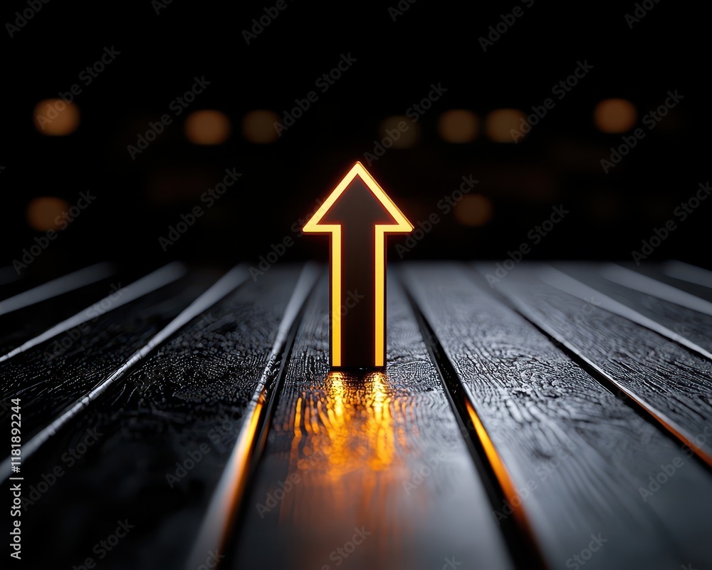 Poster illuminated arrow on a wooden surface, symbolizing direction and progress in a dark space.