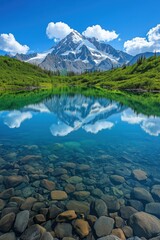 Obraz premium Majestic mountain reflects in calm lake under bright blue sky with fluffy clouds