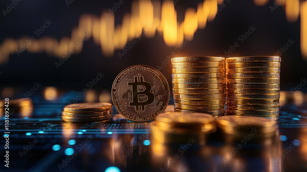 Poster a close-up of a bitcoin coin with stacked coins in the background, illustrating cryptocurrency trend
