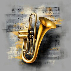 Golden tuba with musical notes in background.