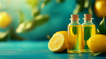 Fresh Lemon Essential Oil Bottles with Bright Lemons and Green Leaves on Vibrant Background