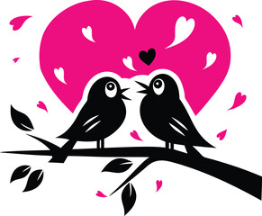 vector illustration of two lovebirds perched on a branch, with a heart-shaped background