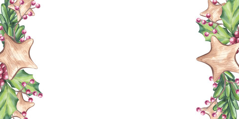 Christmas banner frame branch forest fir pine with wooden star, holly red berries, ilex twig. Botanical floral composition. New Year symbols. Hand draw watercolor illustration isolated background