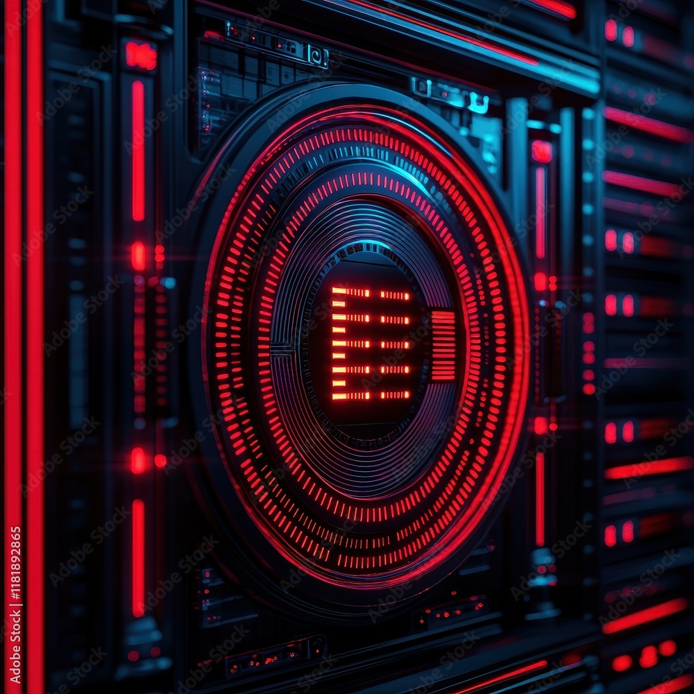 Poster a vibrant, high-tech interface featuring a circular design with luminous red elements, suggesting ad