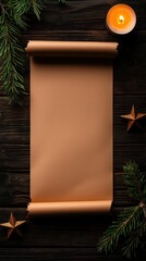 Rustic blank scroll with candle, pine, and stars, perfect for festive greetings.