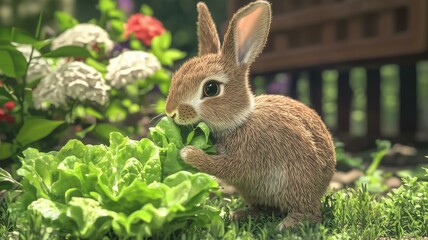 Fototapeta premium Photorealistic image of a rabbit munching on fresh lettuce in a backyard, with a soft and friendly expression 