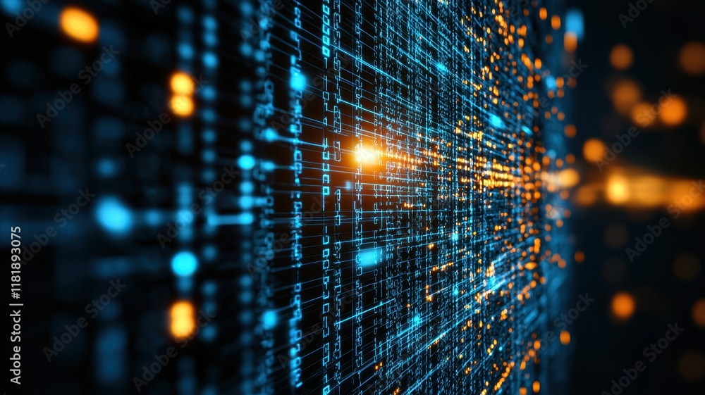 Poster a vibrant digital landscape showcasing glowing lines and points, representing data streams, technolo