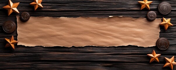 Rustic wooden background with vintage coins and decorative stars, ideal for creative designs.