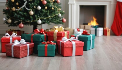 Beautiful Christmas gift boxes on the floor near the Christmas tree