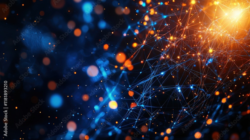 Poster a vibrant abstract depiction of interconnected nodes and glowing particles, illustrating a digital o