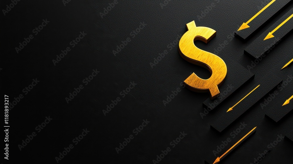 Poster stylish dollar symbol with dynamic arrows on a dark background for financial themes.