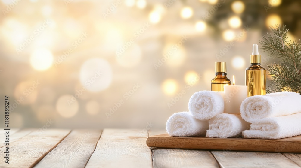 Poster christmas spa composition with rolled white towels, essential oils bottles, burning candle, fir tree
