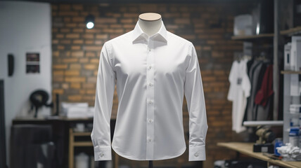 A blank, white, classic men's shirt with white sleeves displayed on a mannequin in a simple mockup set, minimalist studio lighting