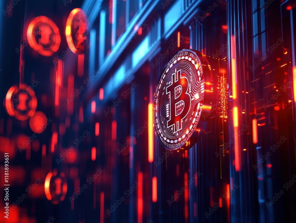 Poster a digital representation of bitcoin, featuring vibrant colors and a futuristic design, symbolizing t