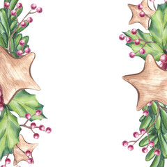 Christmas square frame branch forest fir pine with wooden star, holly red berries, ilex twig. Botanical floral composition. New Year symbols. Hand draw watercolor illustration isolated background
