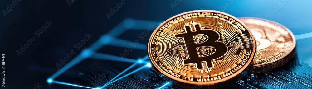 Poster a close-up of bitcoin coins resting on a digital graph background, symbolizing cryptocurrency invest