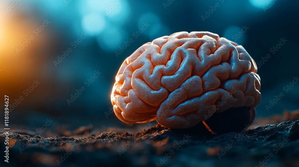Poster close-up view of human brain with textured surface and soft light background