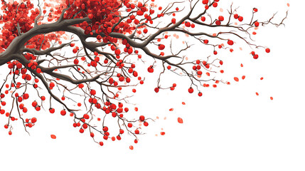 A stylized branch with vibrant red berries and leaves against a white background.