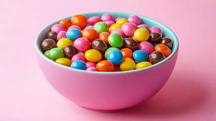 A bowl filled with assorted colorful candies, placed on a soft pink background, bright and cheerful atmosphere