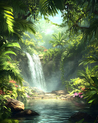 Fototapeta premium Serene waterfall cascading into a tranquil jungle pool, lush greenery, vibrant flowers, sunlight filtering through leaves. Perfect for travel, nature, relaxation themes.
