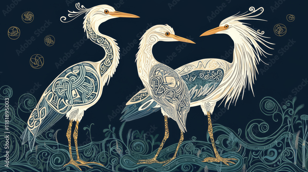 Poster herons with ornamental elements and knots in celtic style. vector version also available in gallery