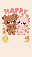 Two cute and funny bear cubs in a cute cartoon animal illustration set with a fun and loving design