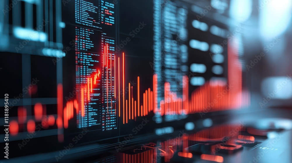 Poster a close-up view of a digital financial chart displaying data with red and blue lines, indicating mar