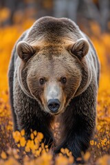 Fototapeta premium Majestic brown bear walking through vibrant autumn foliage in a forest setting