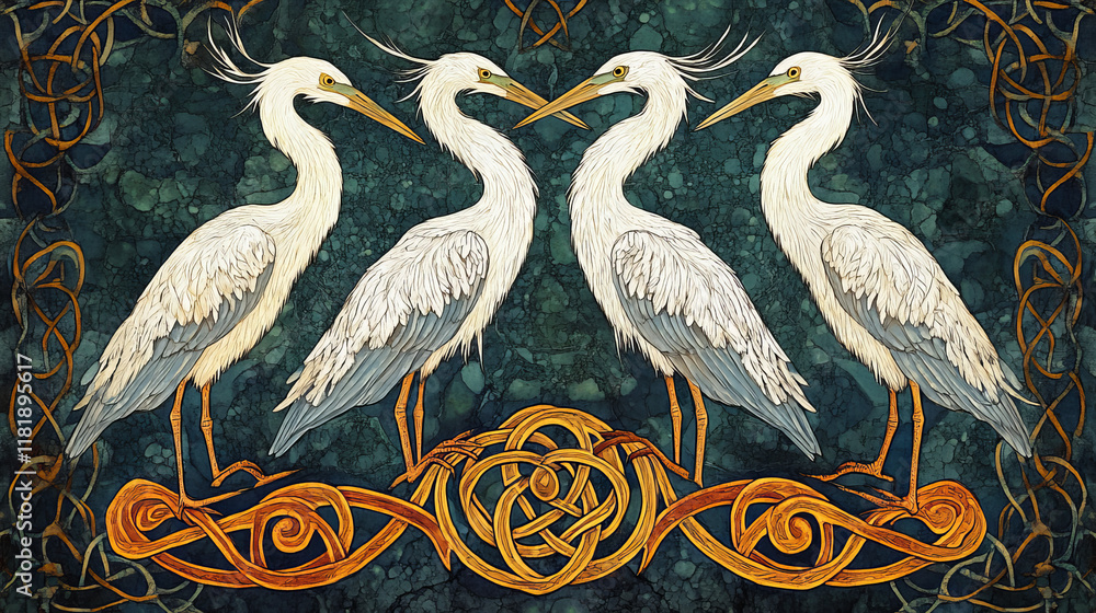 Aufkleber herons with ornamental elements and knots in celtic style. vector version also available in gallery