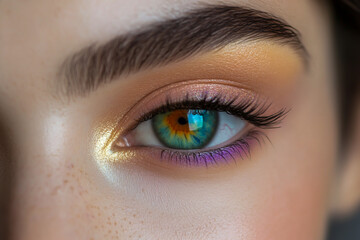 Obraz premium A stunning close-up of a woman's eye with a vibrant, rainbow-colored iris, captured with exquisite detail and clarity in ultra-realistic photography.