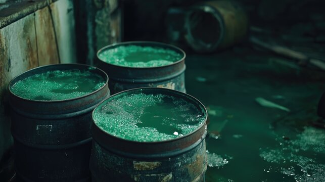 Old dirty barrels of toxic green liquid.
