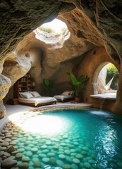 "A serene cave retreat featuring a natural turquoise pool with smooth pebbles at the bottom, illuminated by sunlight streaming through an open ceiling. A gentle waterfall....
