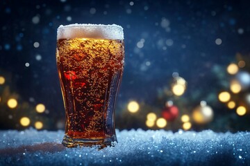 giant cola glass. dark blue background. advertisement