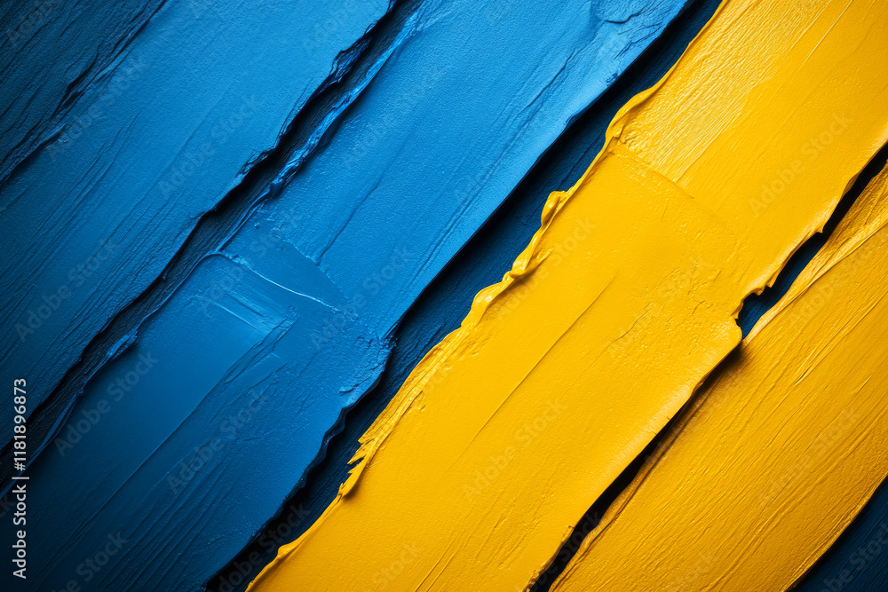 Poster Textured Blue and Yellow Brush Strokes on Canvas Creating an Artistic Abstract Background