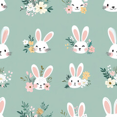 Obraz premium Cute bunny pattern with flowers on soft green background