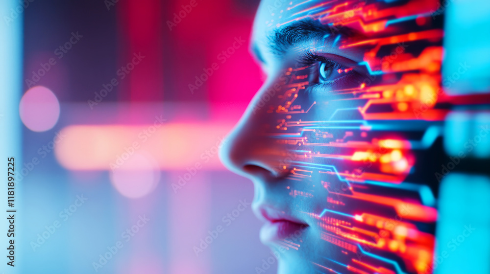 Aufkleber futuristic portrait of a person with digital face and neon circuit pattern design elements
