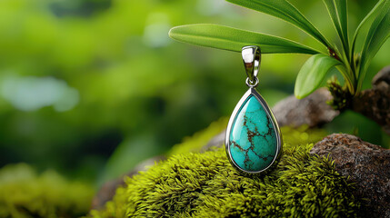 captivating turquoise pendant resting on lush green moss, surrounded by nature beauty