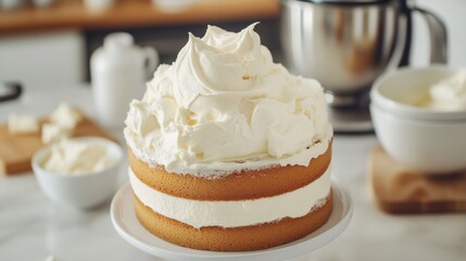 A cream mixer attachment covered in soft, whipped cream resting on a kitchen counter, with cake layers and frosting bowls nearby.