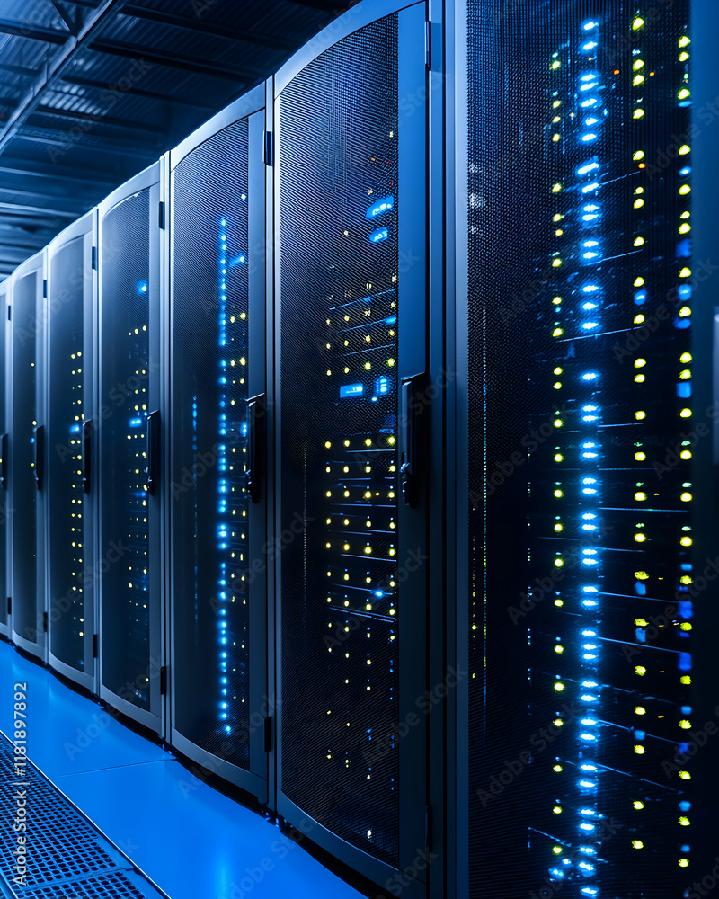Aufkleber row of illuminated server racks in a modern data center. blue lighting accentuates the technology.